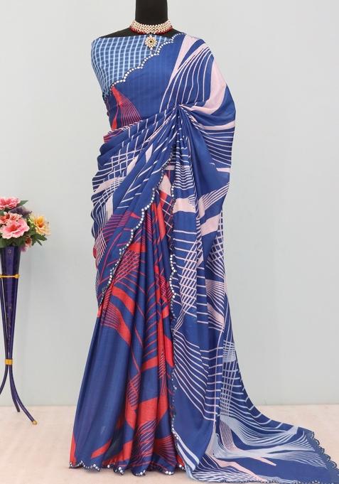 Blue Mirror Work Chiffon Saree Set