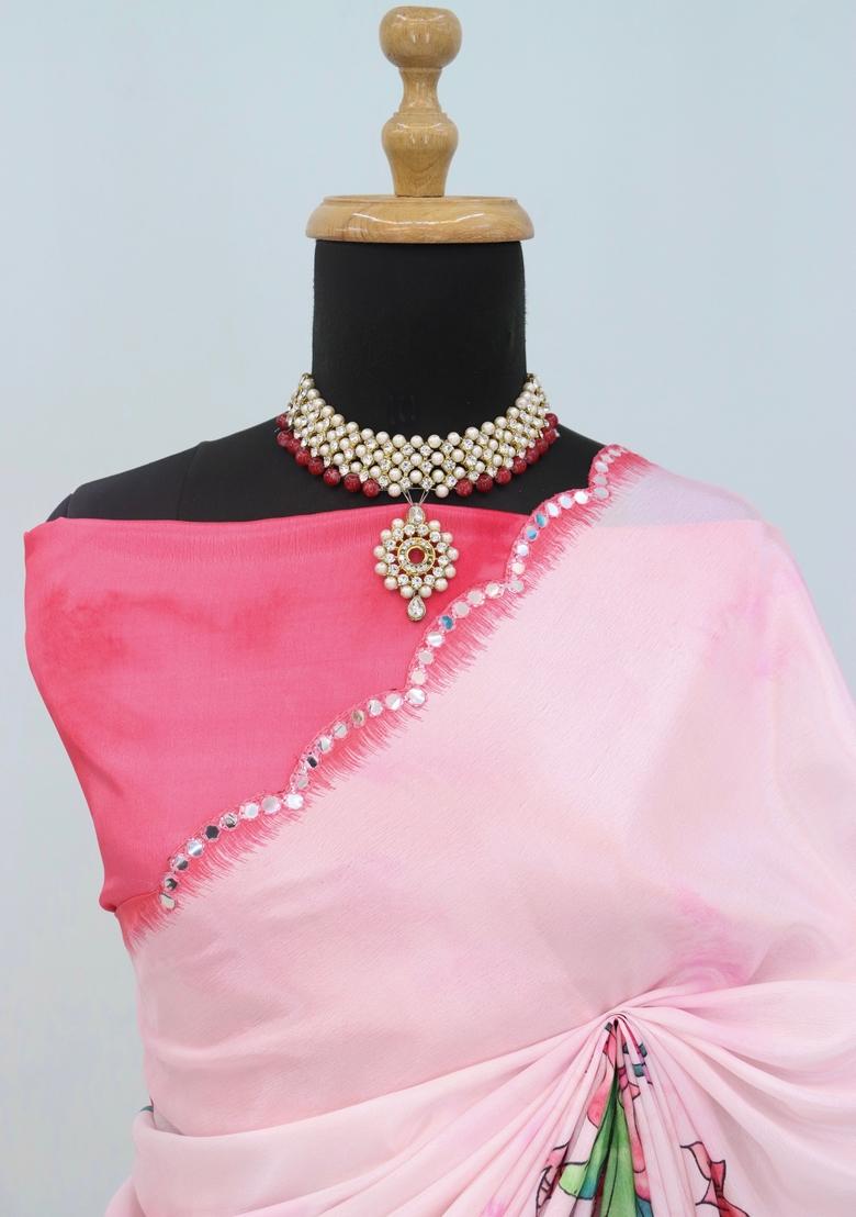 Light Pink Mirror Work Chiffon Saree Set
