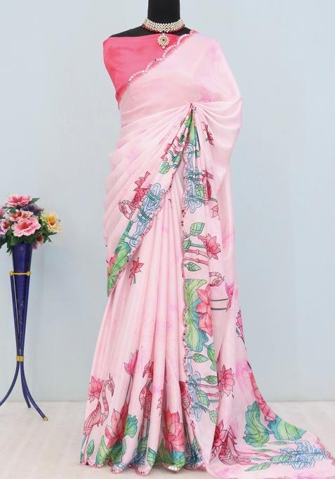 Light Pink Mirror Work Chiffon Saree Set