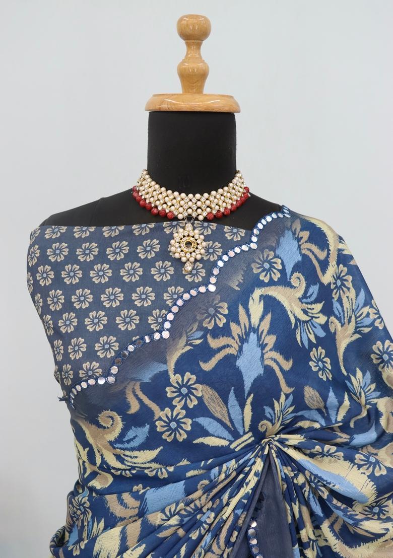 Grey Mirror Work Chiffon Saree Set