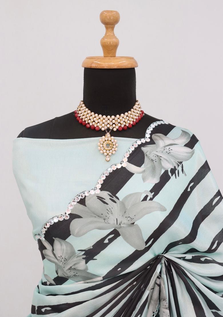 Sea Green Mirror Work Chiffon Saree Set