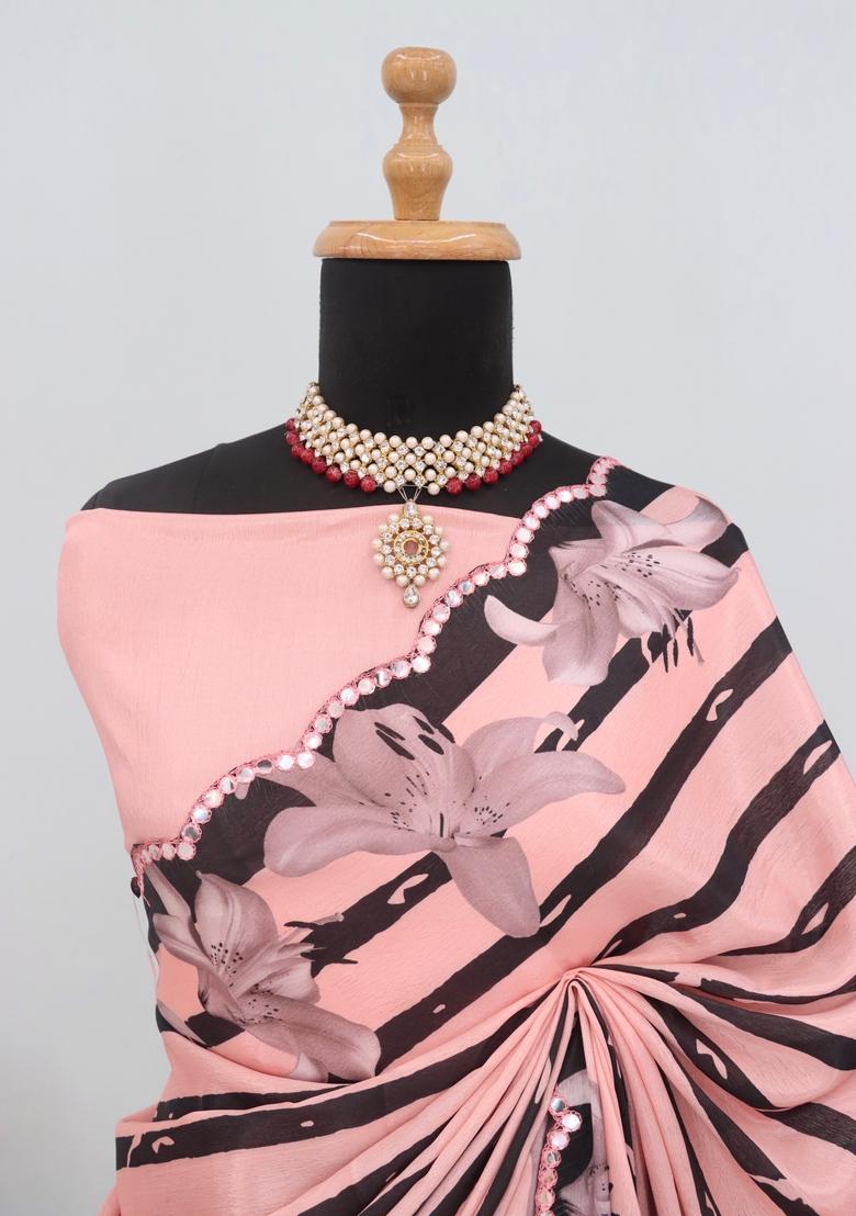 Peach Mirror Work Chiffon Saree Set