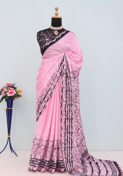 Baby Pink Mirror Work Chiffon Saree Set