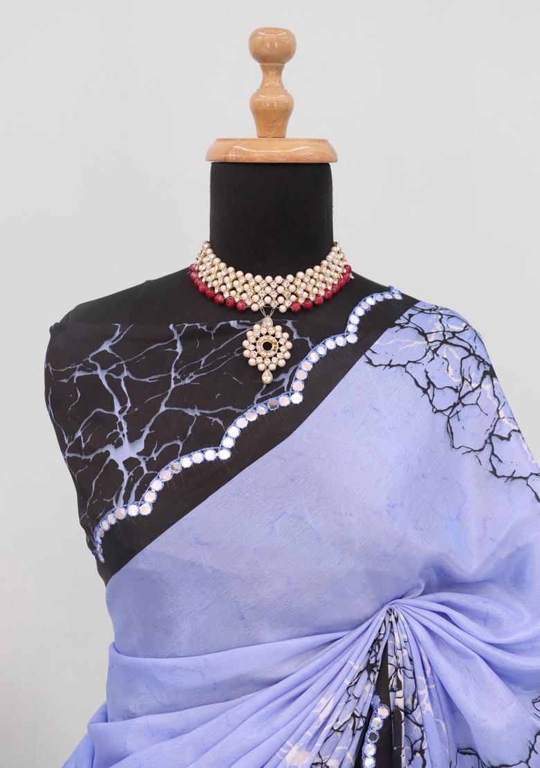 Lavender Mirror Work Chiffon Saree Set