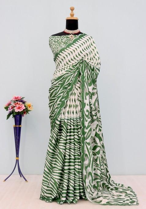 Green Mirror Work Chiffon Saree Set