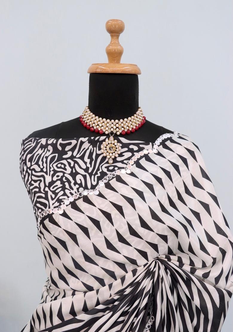 White Mirror Work Chiffon Saree Set