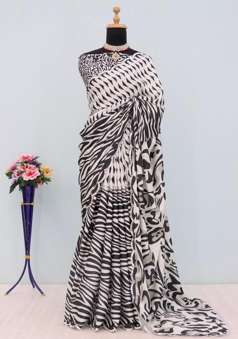 White Mirror Work Chiffon Saree Set