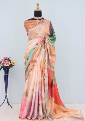 Orange Mirror Work Chiffon Saree Set