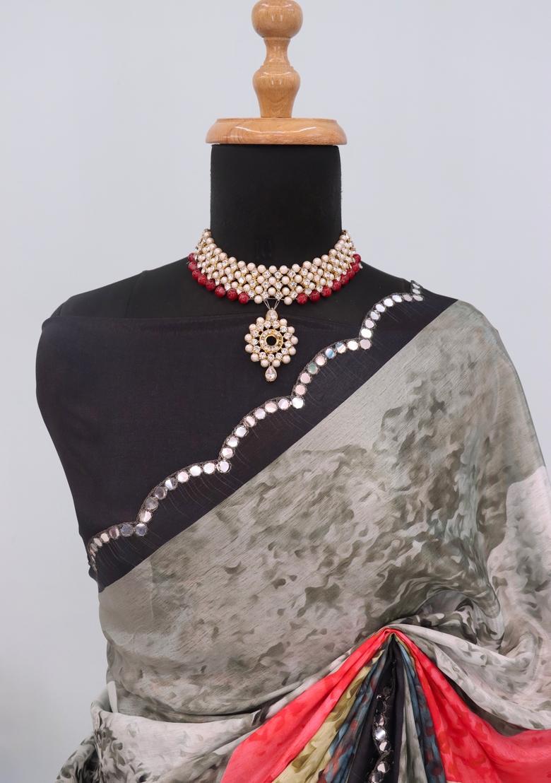 Black Mirror Work Chiffon Saree Set