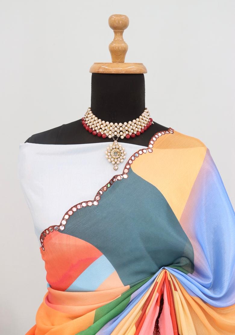 Multi Mirror Work Chiffon Saree Set