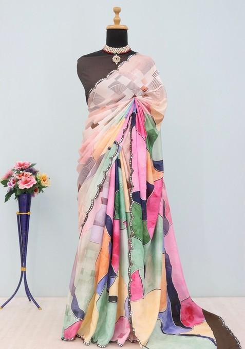 Brown Mirror Work Chiffon Saree Set