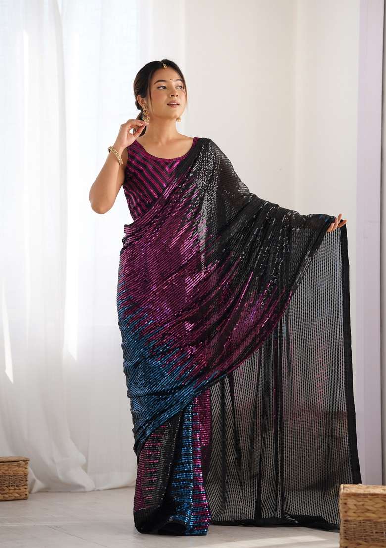 Pink Sequin Embroidered Georgette Saree Set - Indya