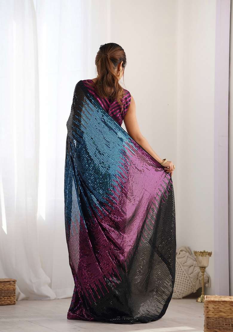 Pink Sequin Embroidered Georgette Saree Set - Indya