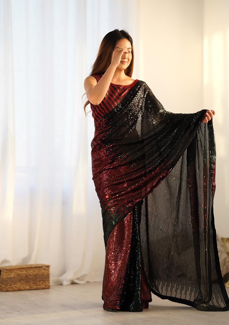 Red Sequin Embroidered Georgette Saree Set