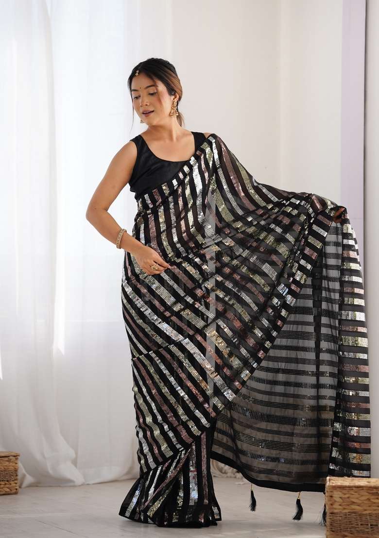 Black Sequin Embroidered Georgette Saree Set - Indya