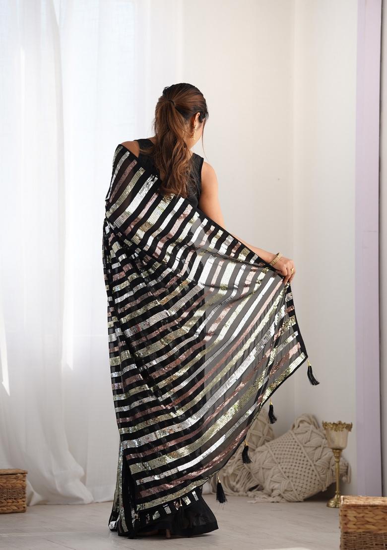 Black Sequin Embroidered Georgette Saree Set