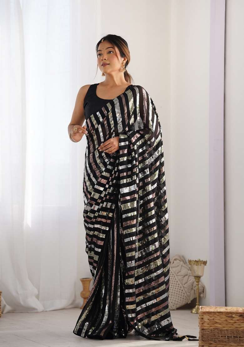 Black Sequin Embroidered Georgette Saree Set - Indya
