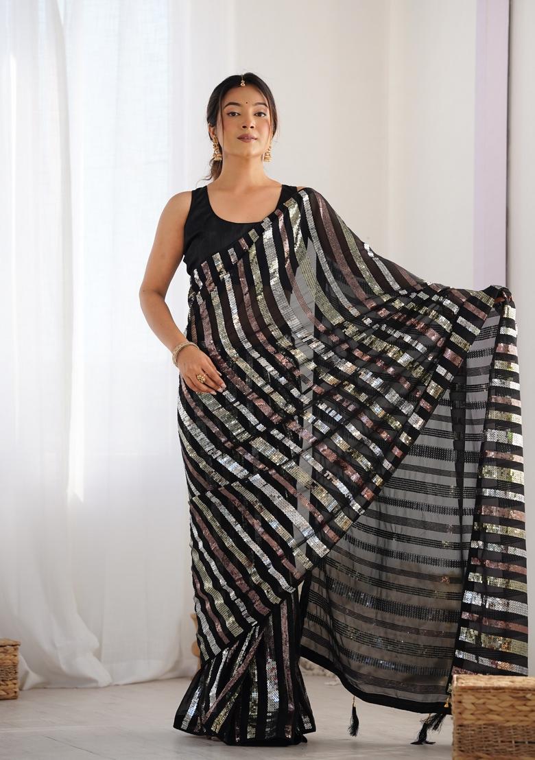 Black Sequin Embroidered Georgette Saree Set