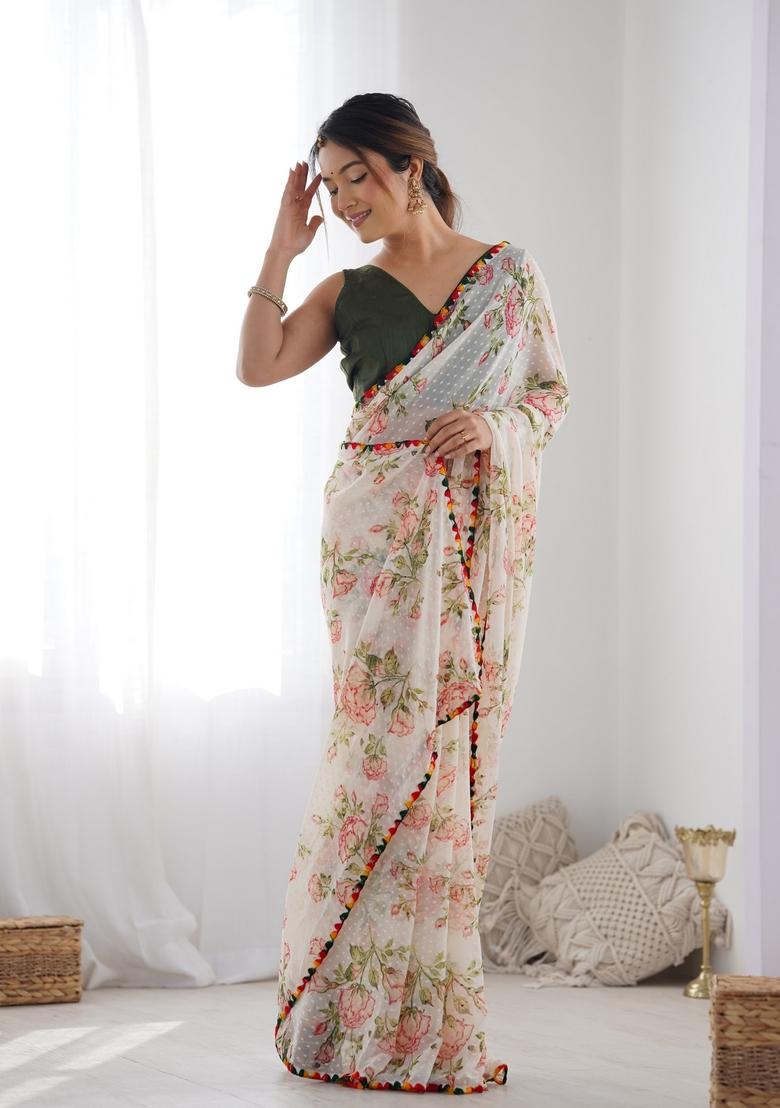Off White Printed Georgette Saree Set