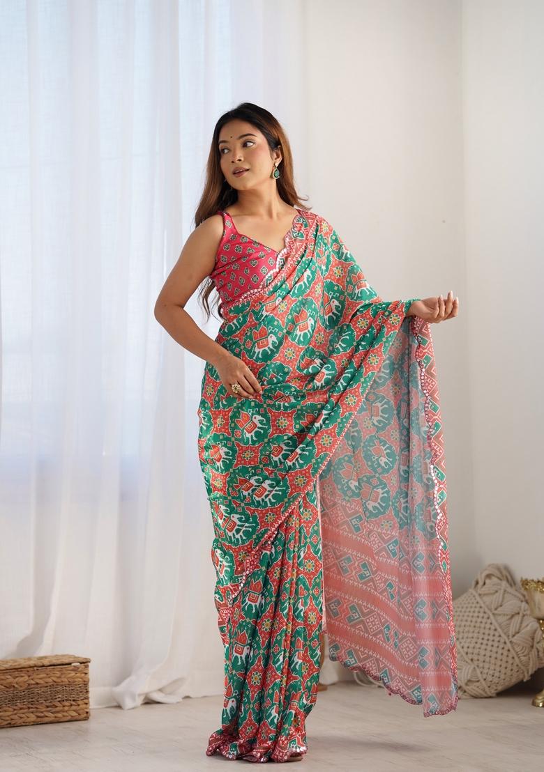Green & Red Mirror Work Chiffon Saree Set - Indya