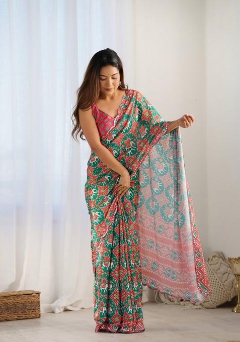 Green & Red Mirror Work Chiffon Saree Set