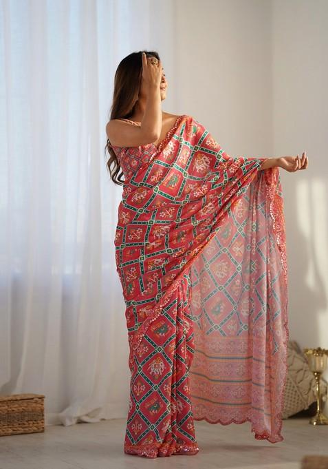 Red & Green Mirror Work Chiffon Saree Set