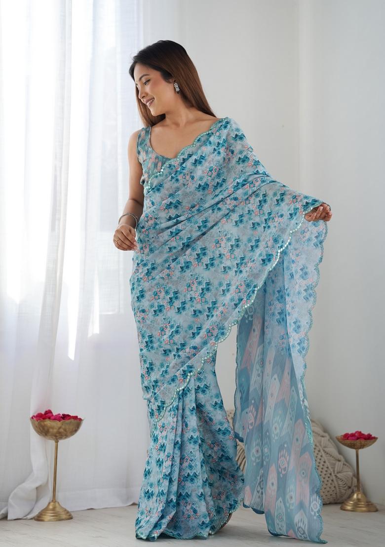 Light Blue Mirror Work Chiffon Saree Set