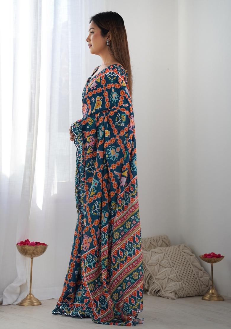 Blue Mirror Work Chiffon Saree Set