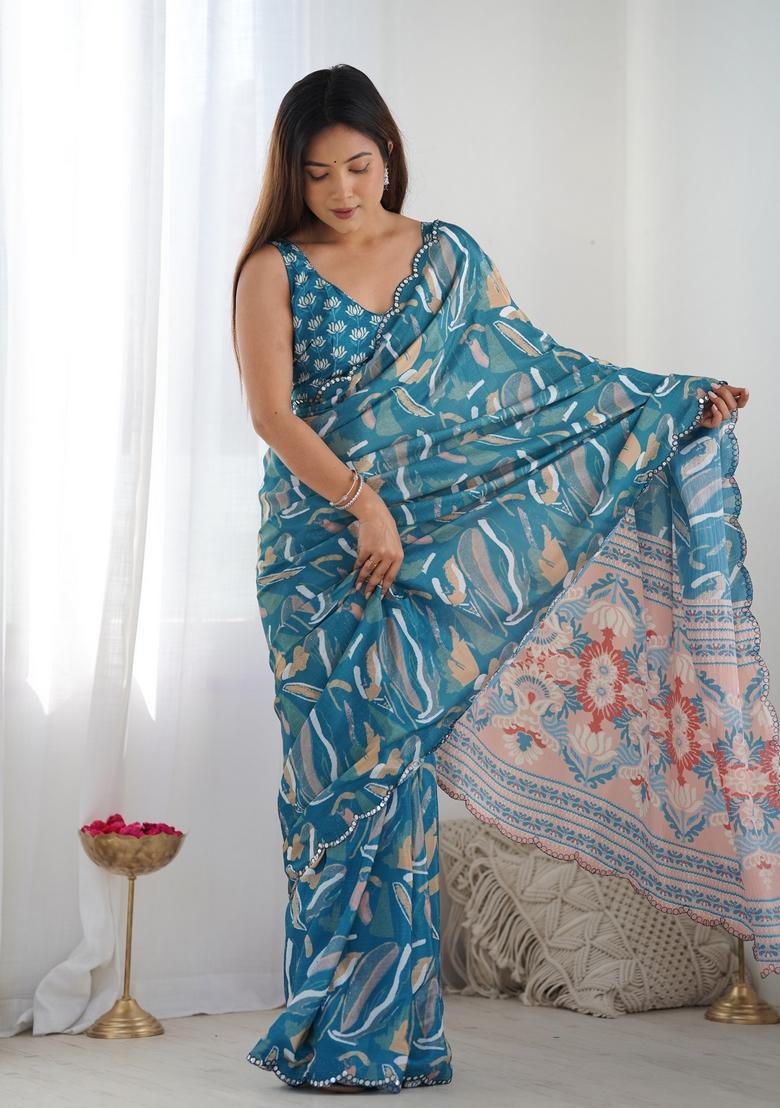 Blue Mirror Work Chiffon Saree Set