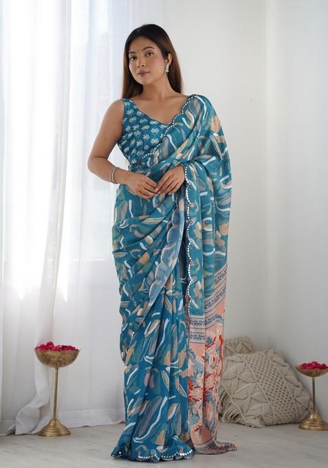 Blue Mirror Work Chiffon Saree Set