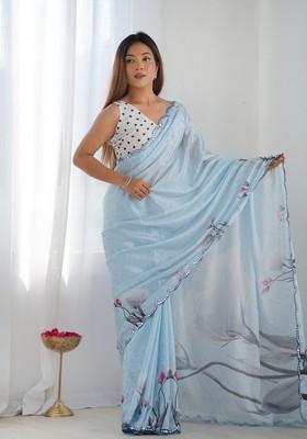 Sky Blue Mirror Work Chiffon Saree Set