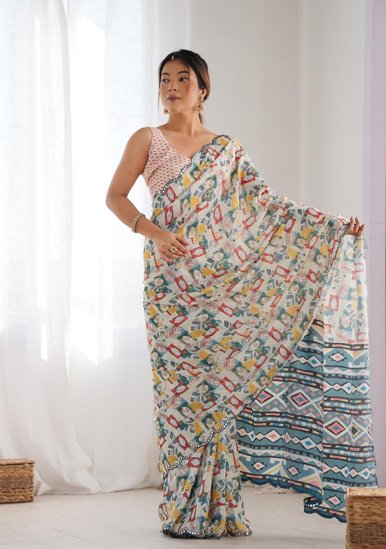 Off White Mirror Work Chiffon Saree Set