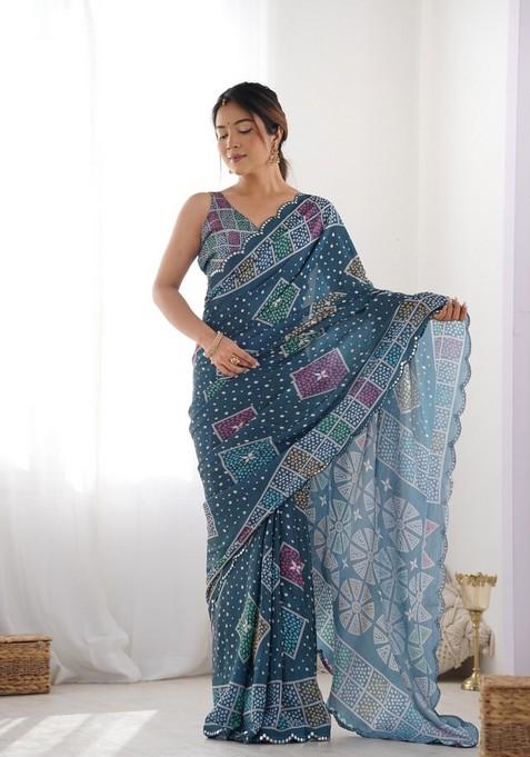 Blue Mirror Work Chiffon Saree Set