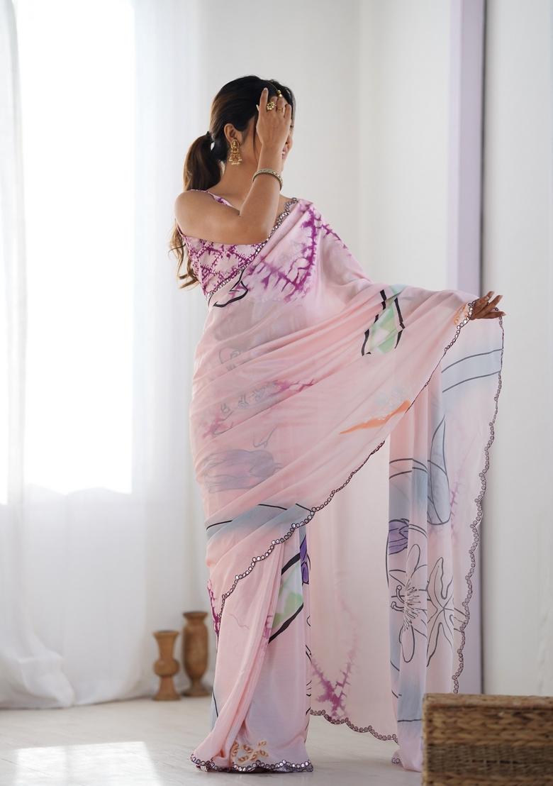 Baby Pink Mirror Work Chiffon Saree Set
