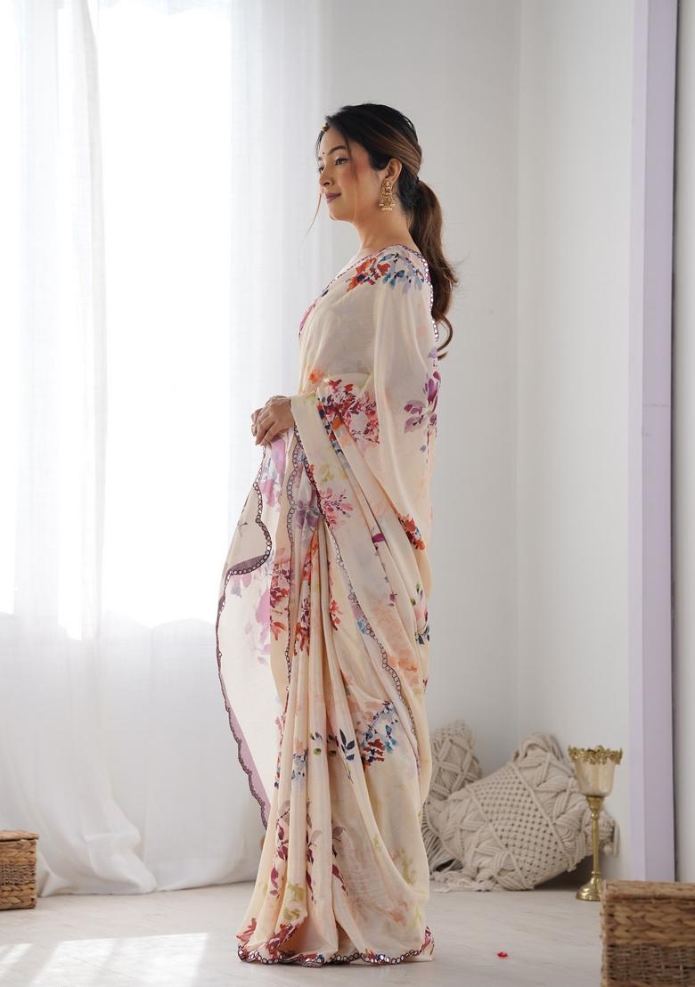 Cream Mirror Work Chiffon Saree Set