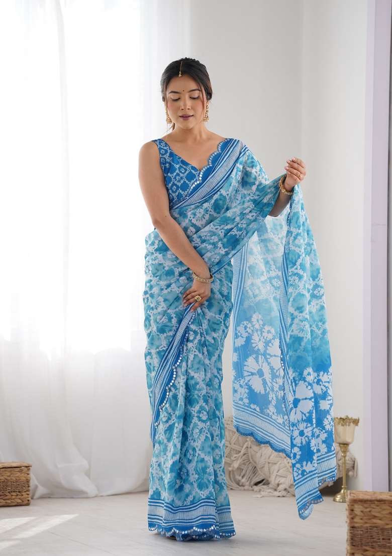 Sky Blue Mirror Work Chiffon Saree Set - Indya