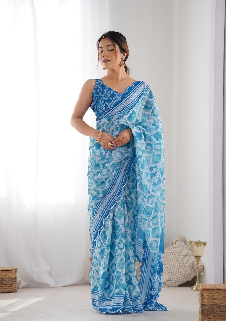 Sky Blue Mirror Work Chiffon Saree Set