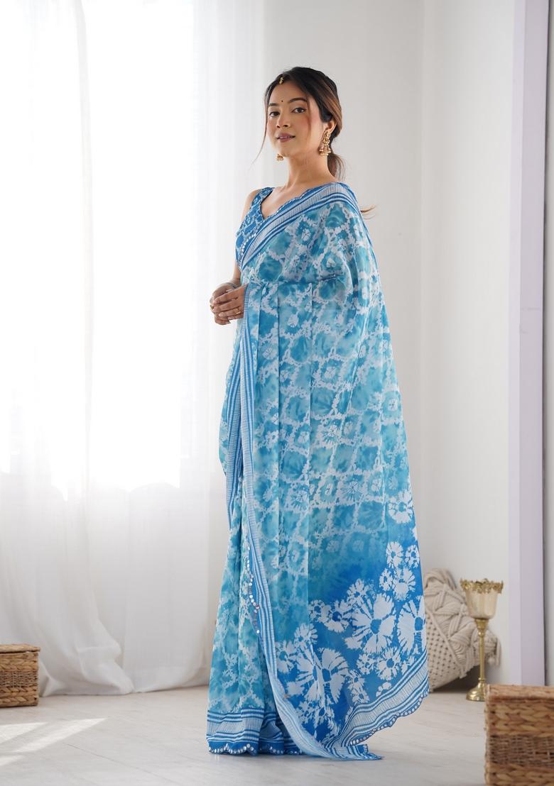Sky Blue Mirror Work Chiffon Saree Set