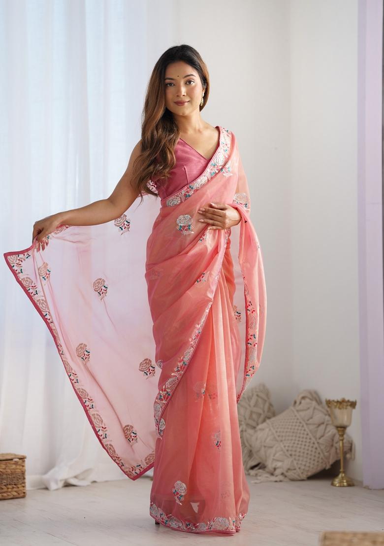 Peach Embroidered Organza Saree Set