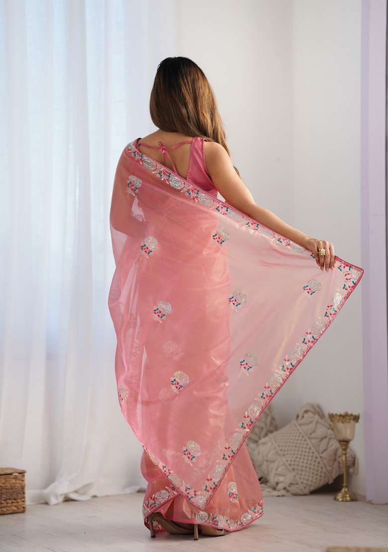 Peach Embroidered Organza Saree Set - Indya