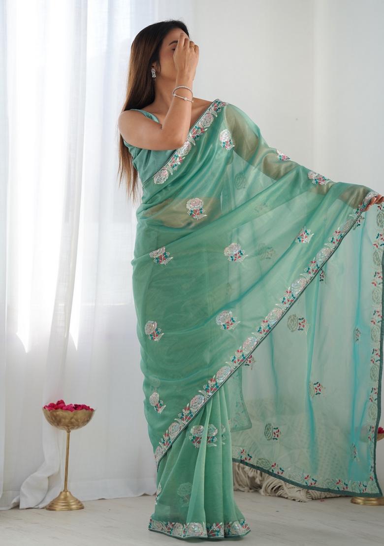 Sky Embroidered Organza Saree Set
