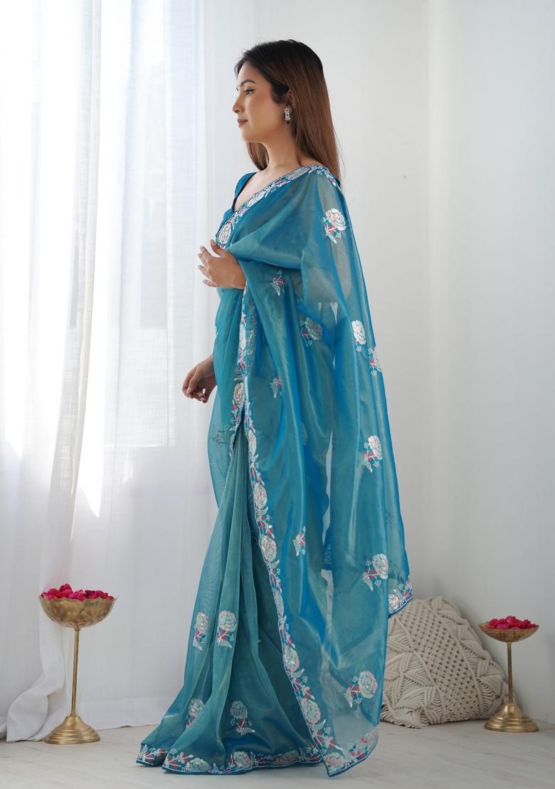 Teal Blue Embroidered Organza Saree Set