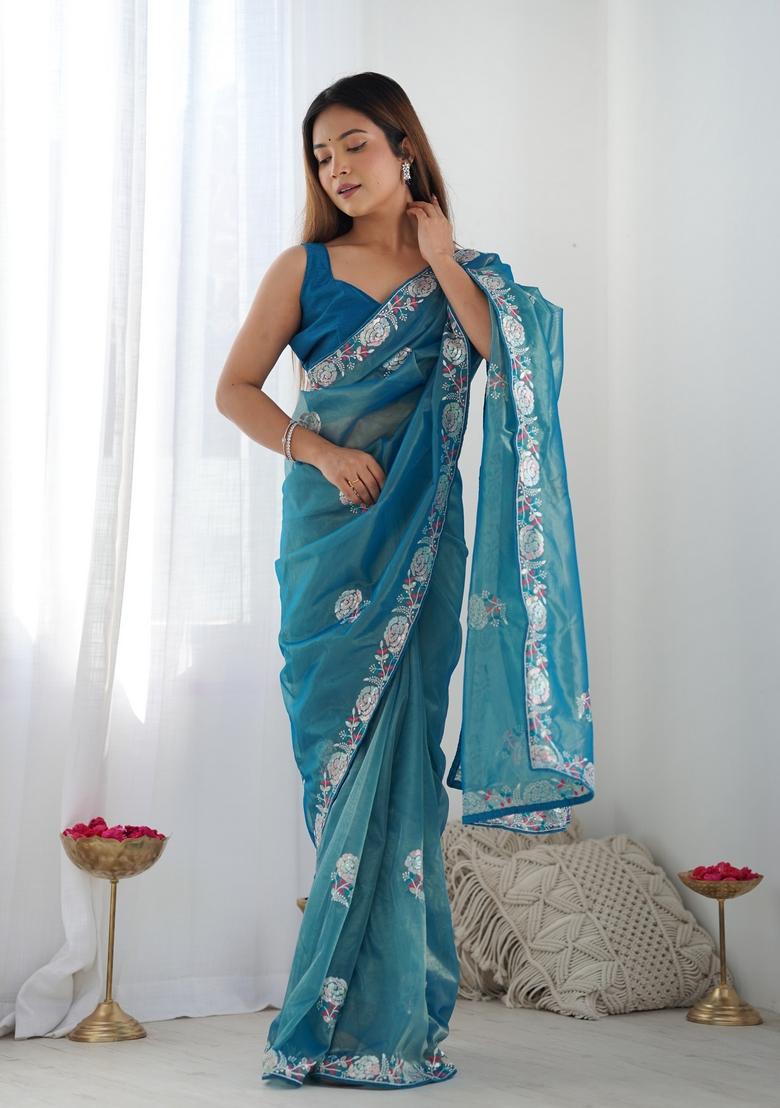 Teal Blue Embroidered Organza Saree Set