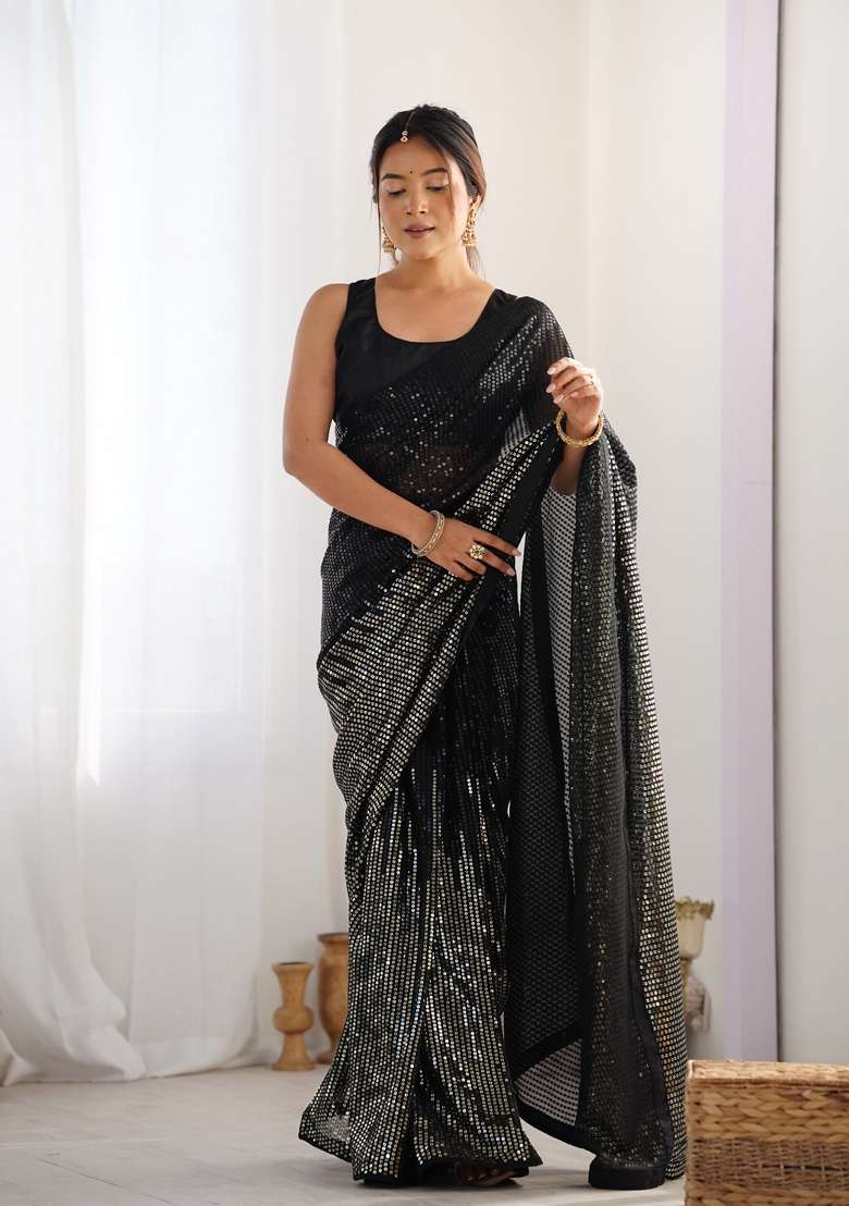 Black Embroidered Georgette Saree Set - Indya