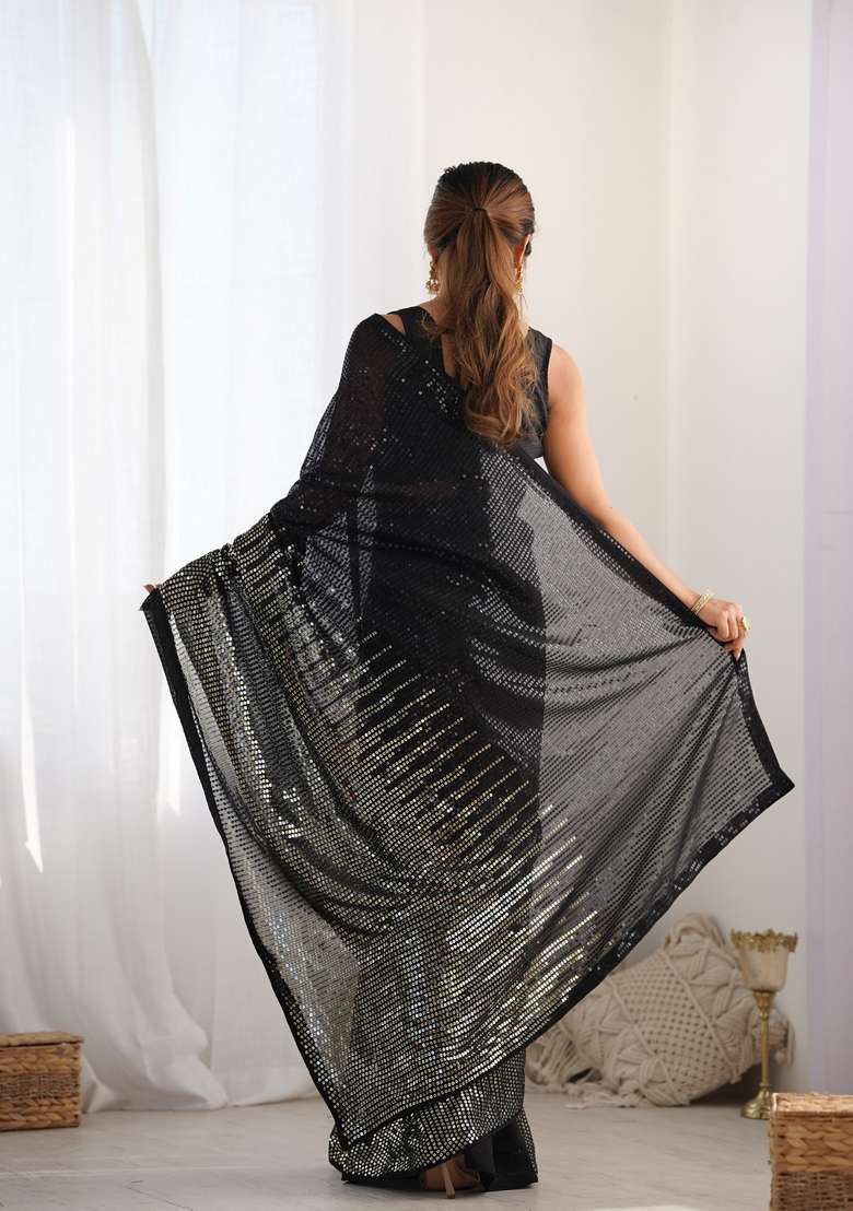 Black Embroidered Georgette Saree Set - Indya