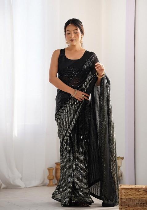 Black Embroidered Georgette Saree Set