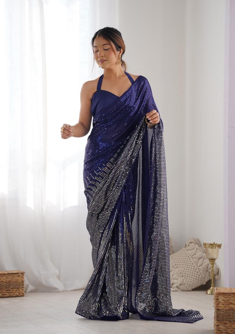 Blue Embroidered Georgette Saree Set
