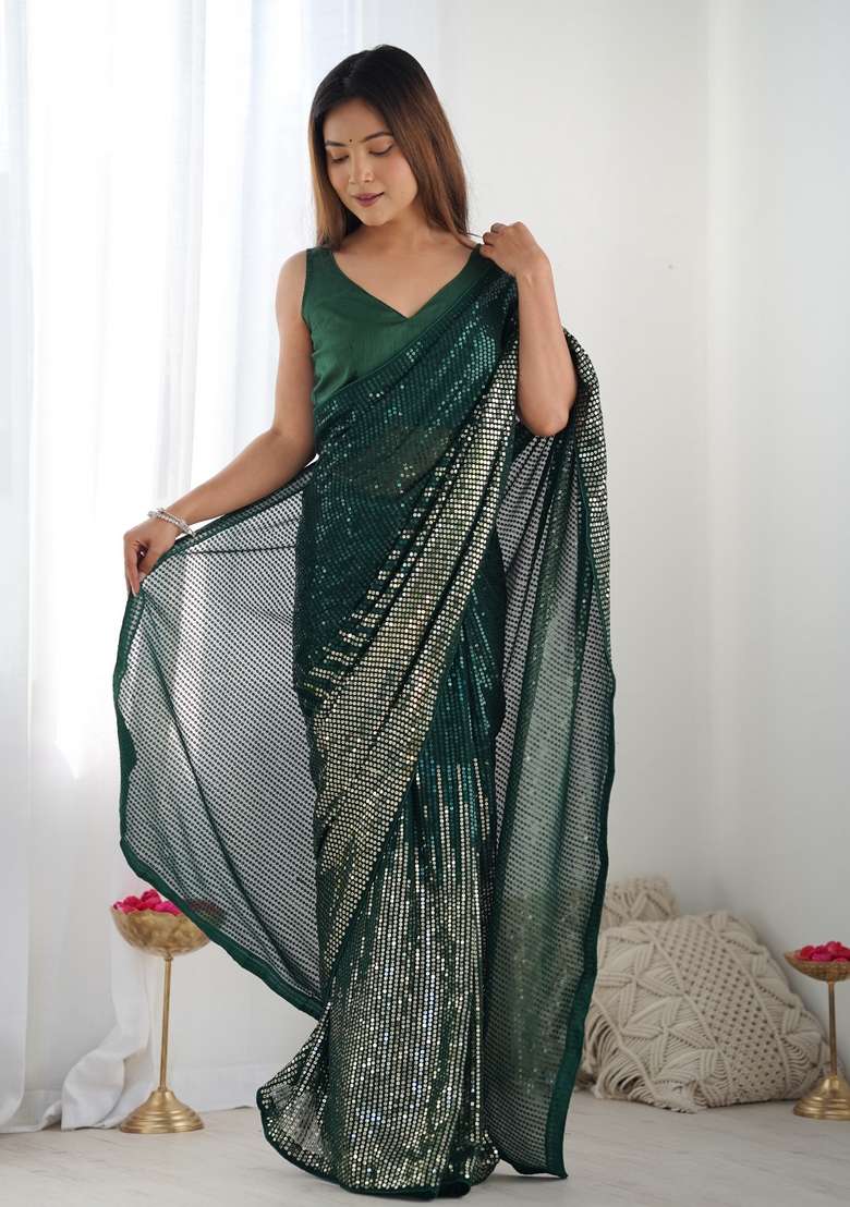 Green Embroidered Georgette Saree Set - Indya