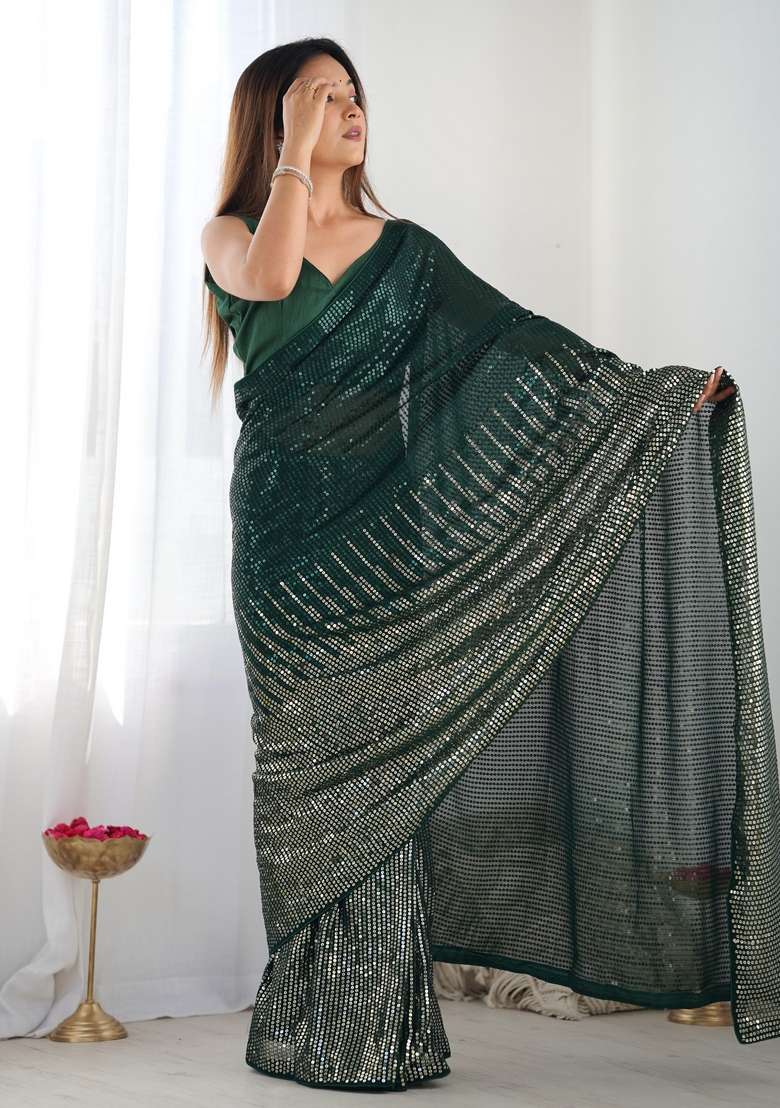 Green Embroidered Georgette Saree Set - Indya