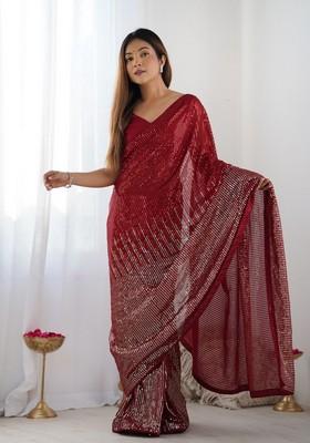 Red Embroidered Georgette Saree Set